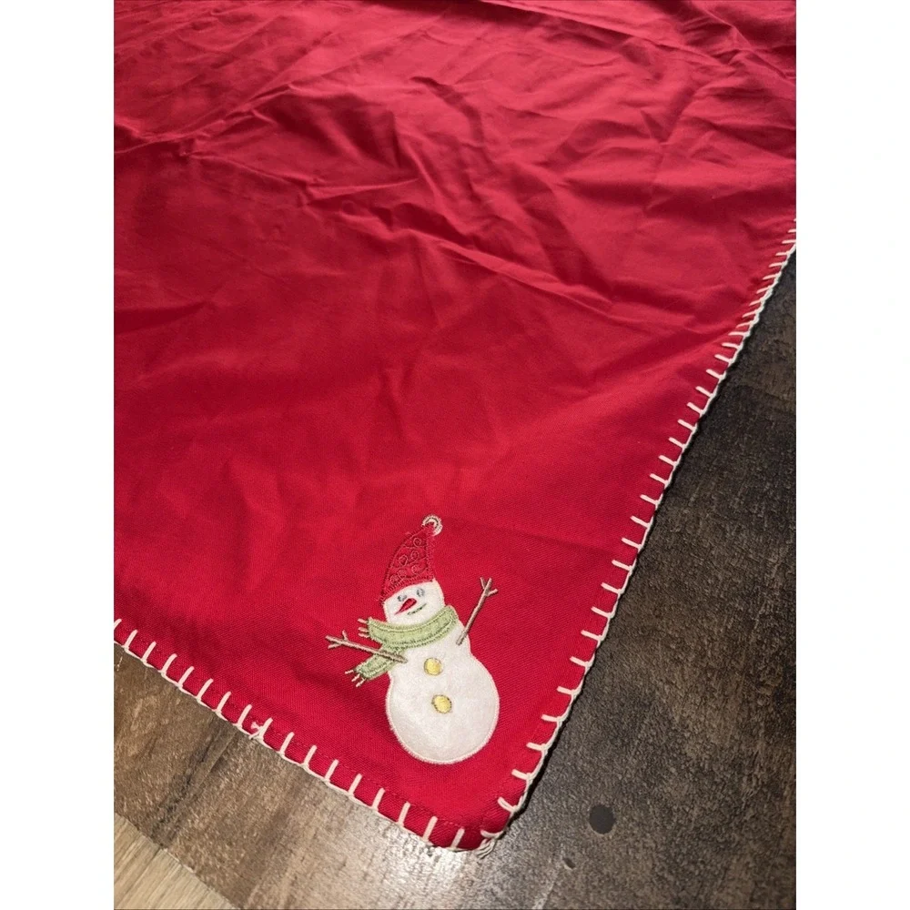 Vtg Christmas Cotton Tablecloth Topper 39x39 Red Applique Santa Snowman Tree
